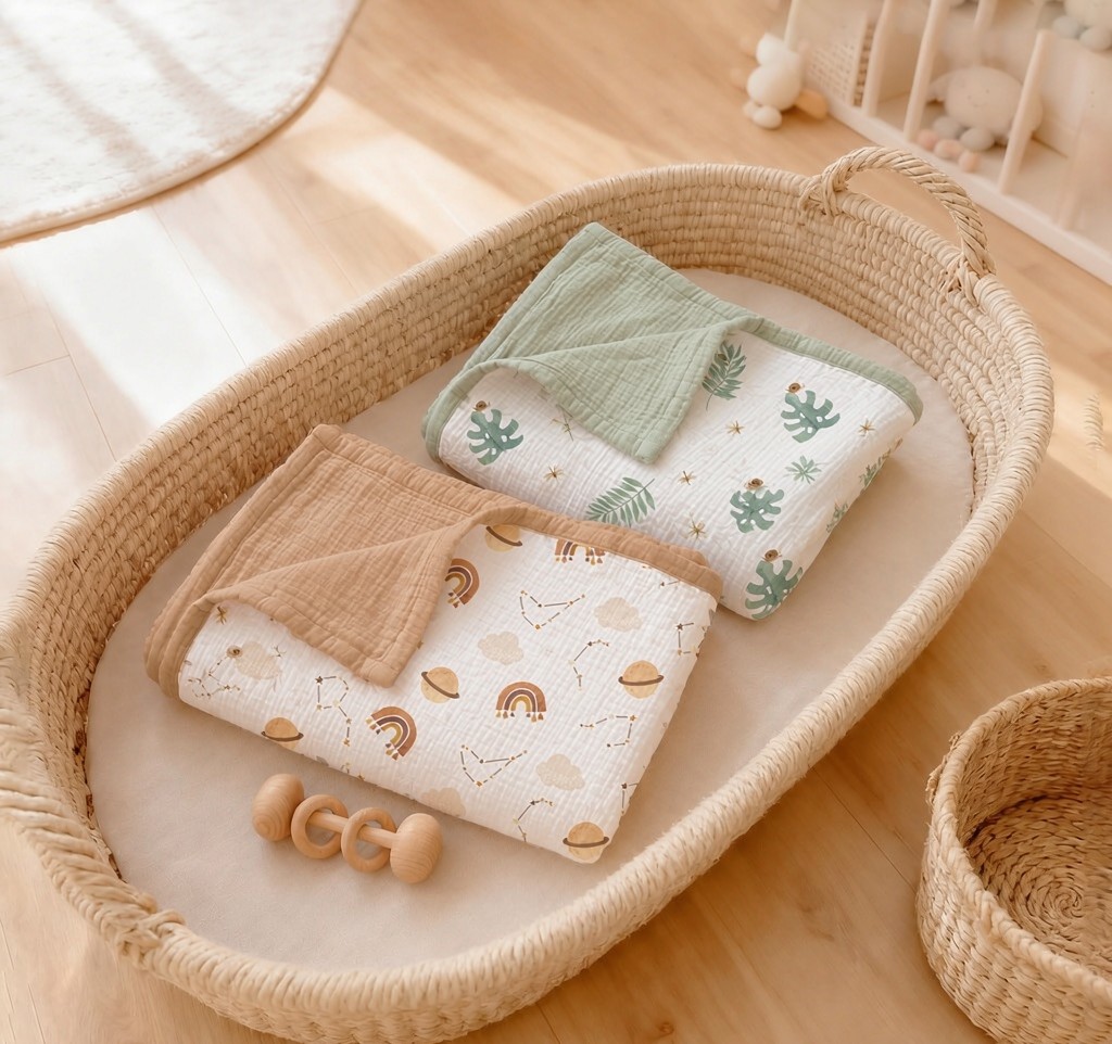 Double-layer muslin baby blankets in a woven basket