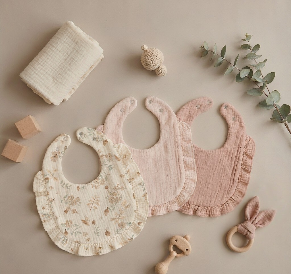 Ruffled muslin baby bibs with bunny ear teethers