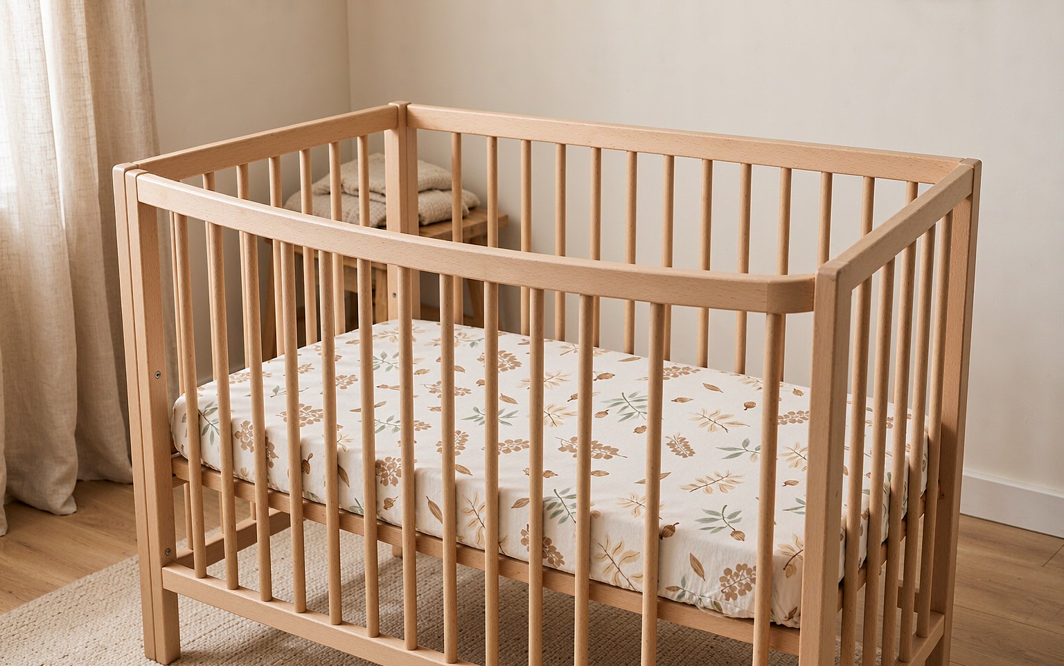 Nursery crib fitted with botanical print muslin crib sheet