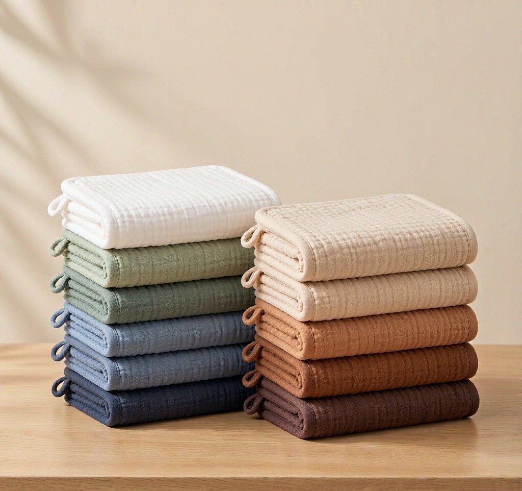 Muslin washcloths in blue-green and caramel gradient stacks