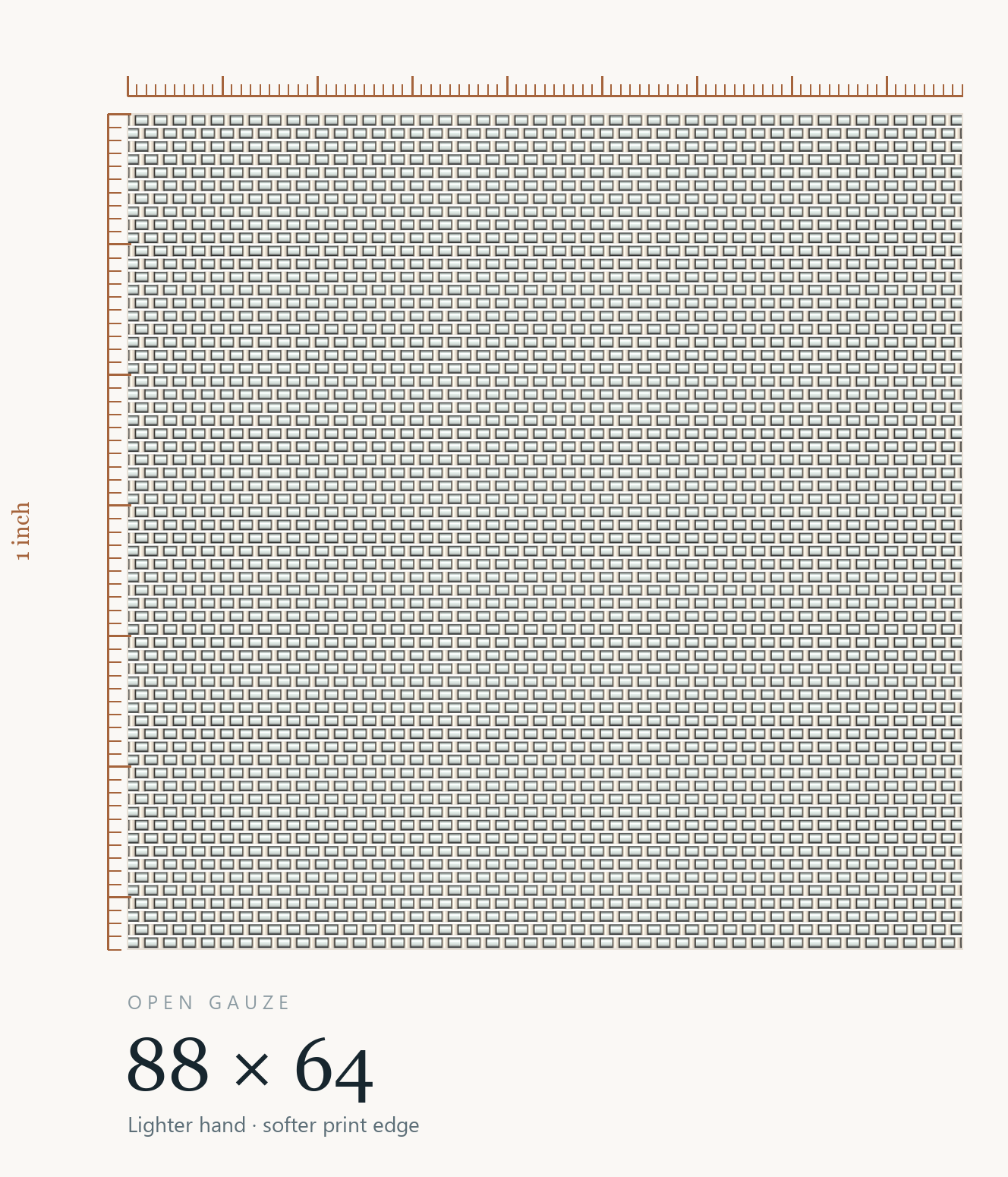Plain weave diagram at 88 × 64 threads per inch — a more open gauze construction
